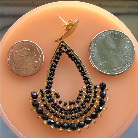 Gold teardrop earrings with black & gold beads - Picture 4 of 5